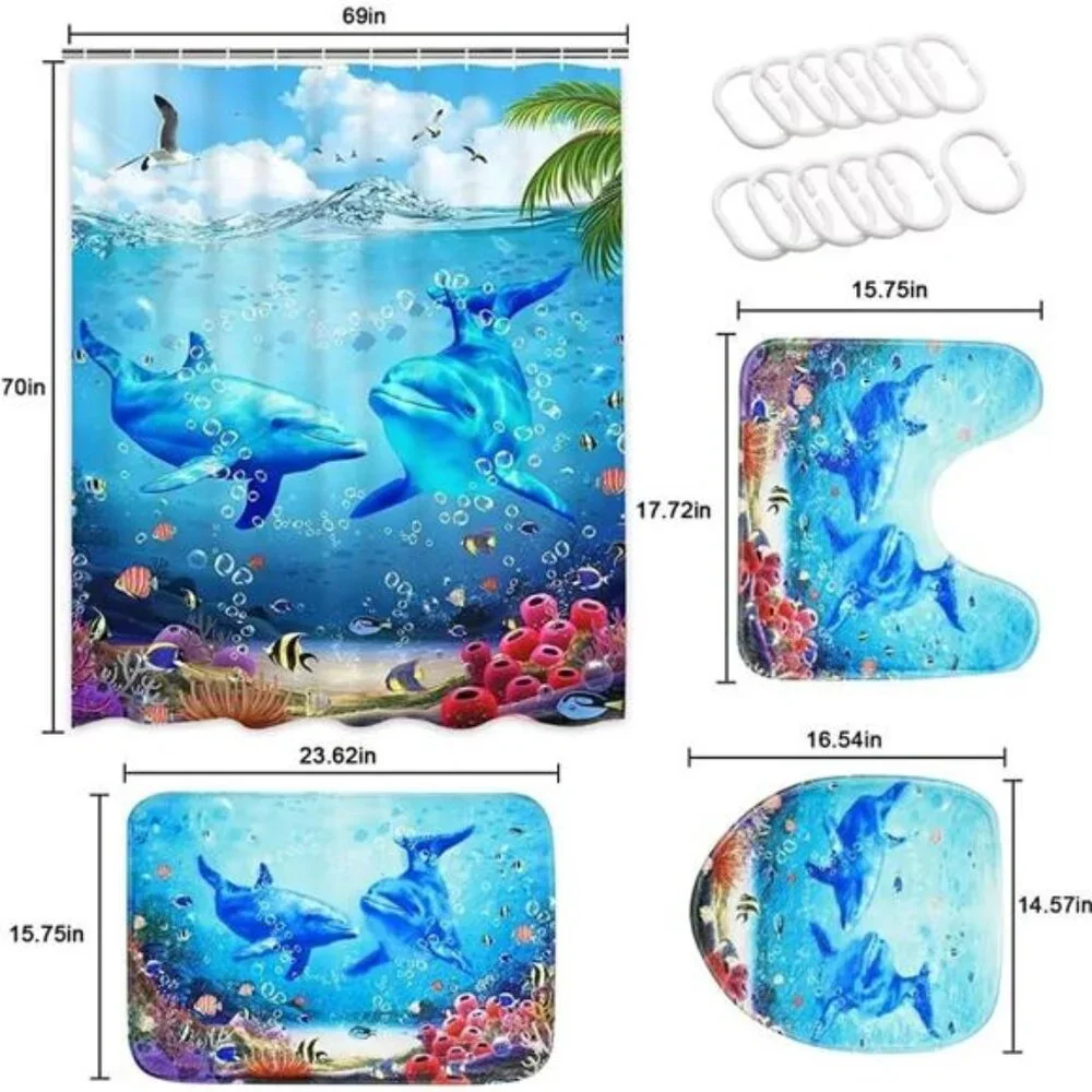 4Pcs Blue Ocean Dolphin Shower Curtain Sets with Rugs,Toilet Lid Cover & BathMat